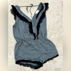 ANTHROPOLOGIE ELOISE SLEEPWEAR Small- 100% Silk - Tie Back Coquette Romper BLUE